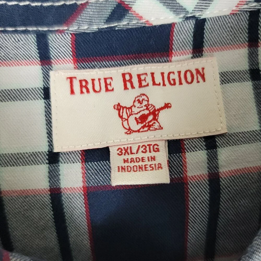 True Religion Plaid Western Shirt 3XL Blue Button Down Logo Pockets
